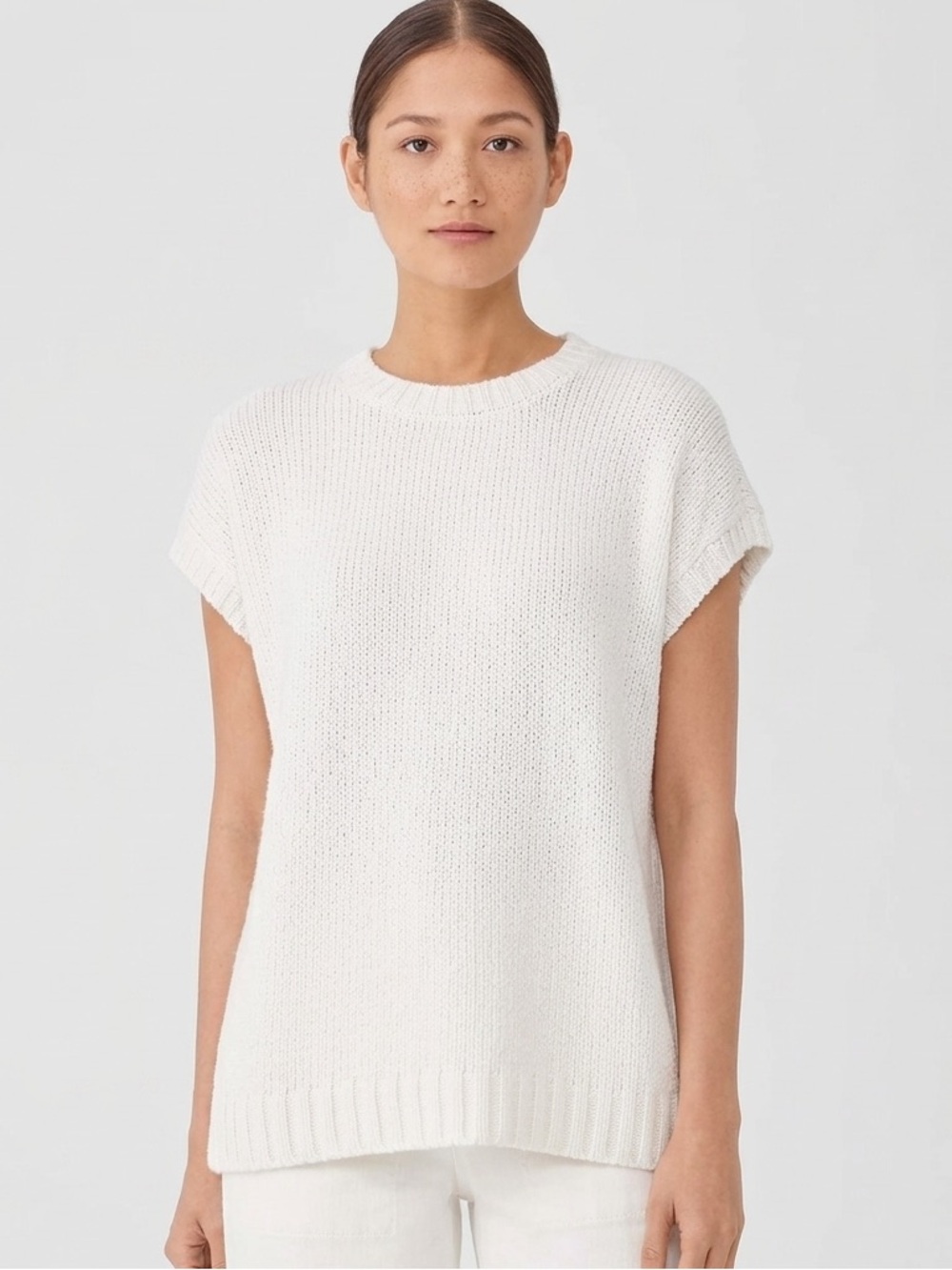 Eileen Fisher Peruvian Organic Cotton Crimp Crew Neck Top White Knit Small